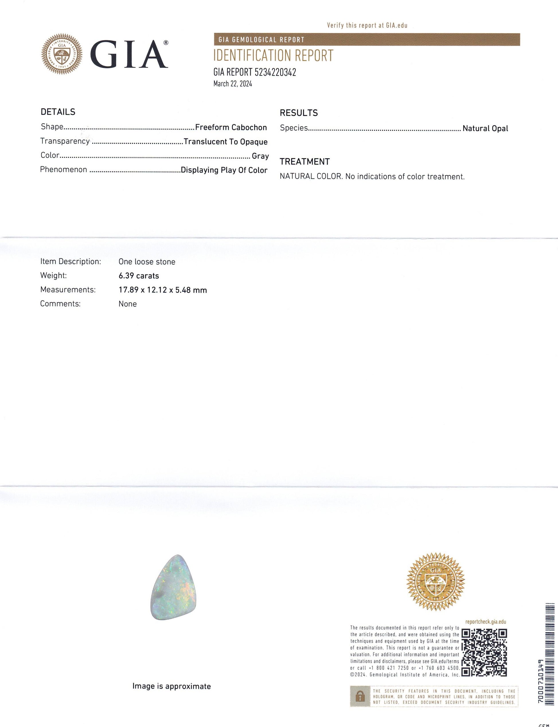 6.39ct Freeform Gray Opal GIA Certified Australia - Skyjems Wholesale Gemstones