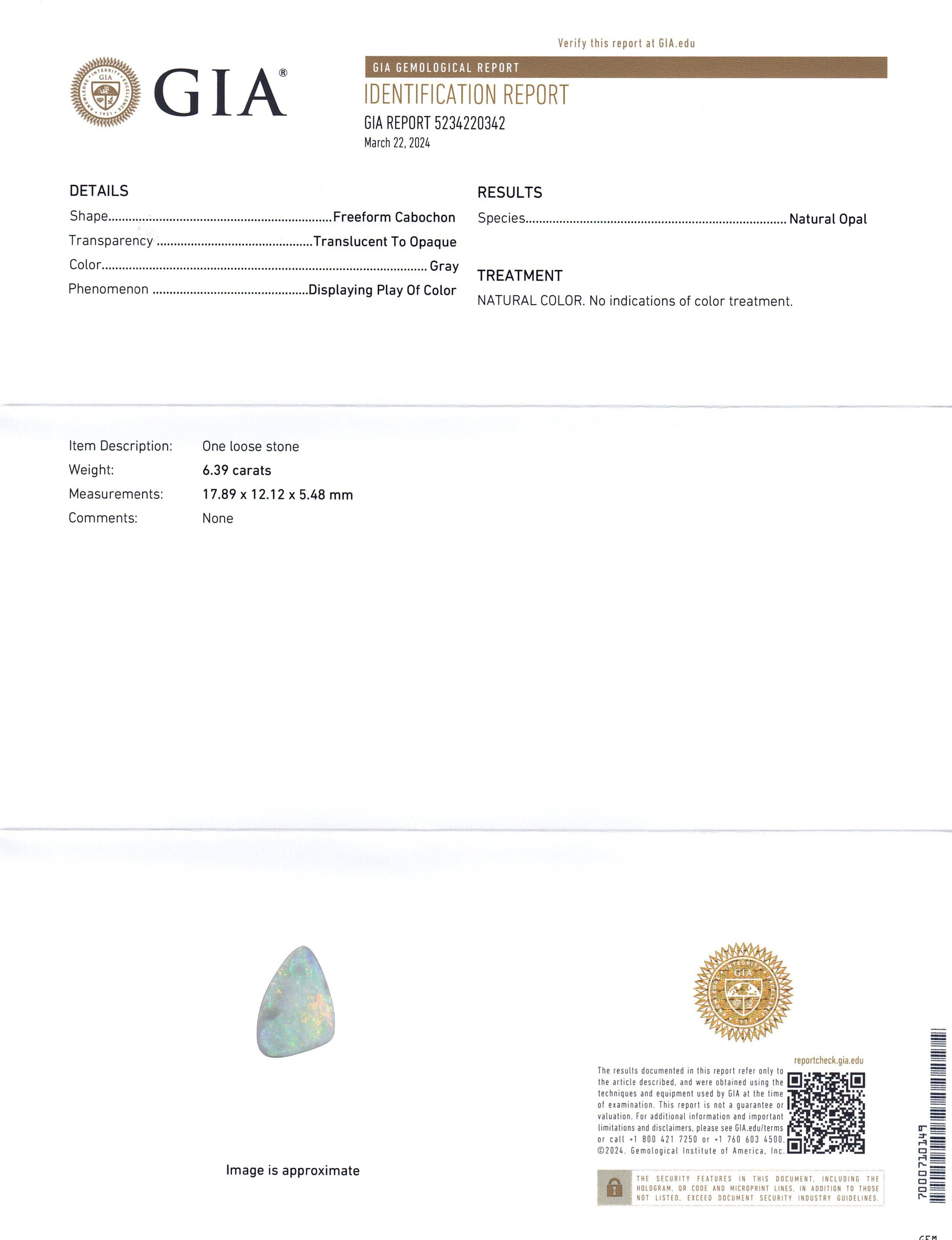 6.39ct Freeform Gray Australian Opal with play of color, GIA certified natural gemstone from SkyJems
