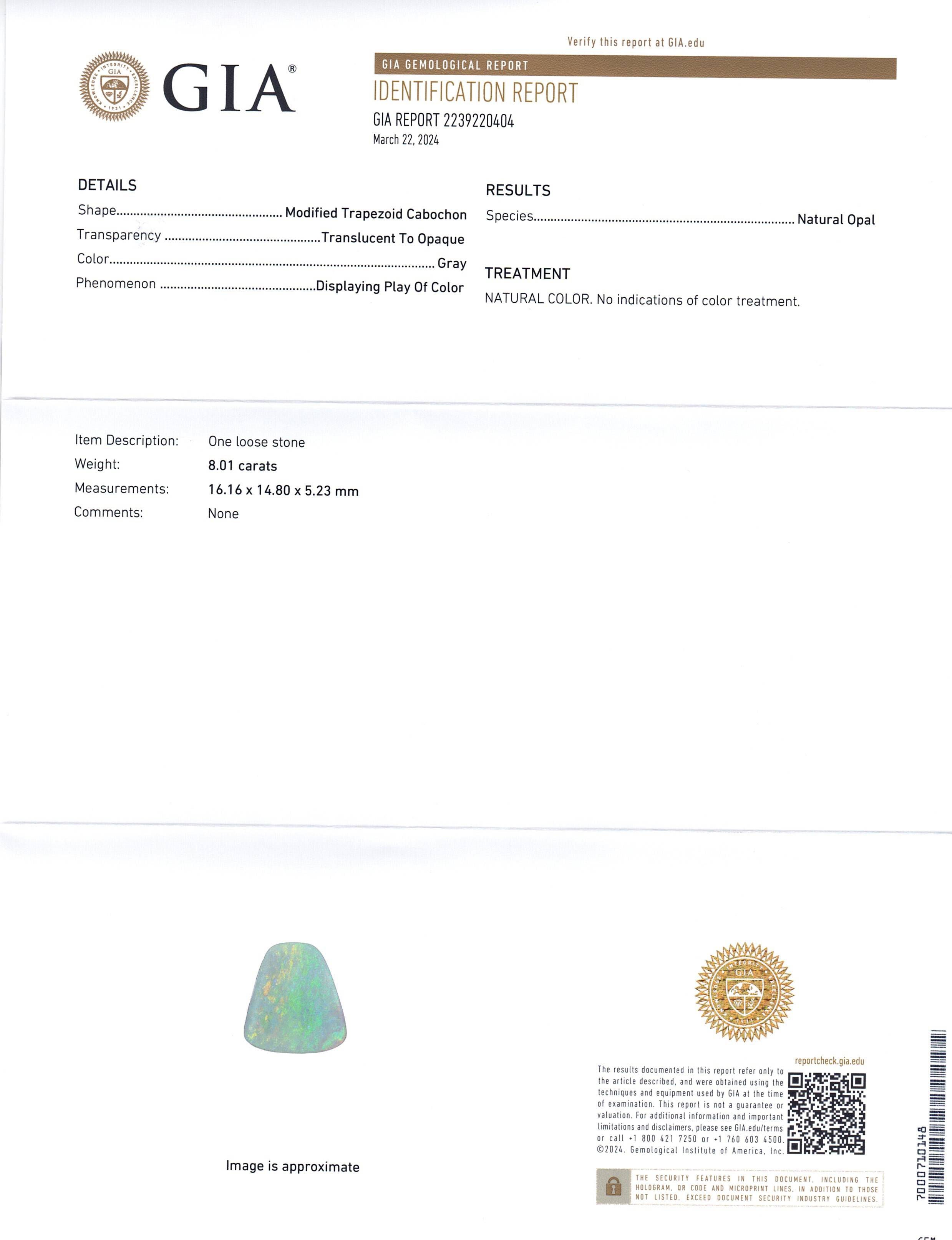 8.01ct Freeform Gray Australian Opal with Play of Colour, GIA Certified Natural Gemstone by SkyJems