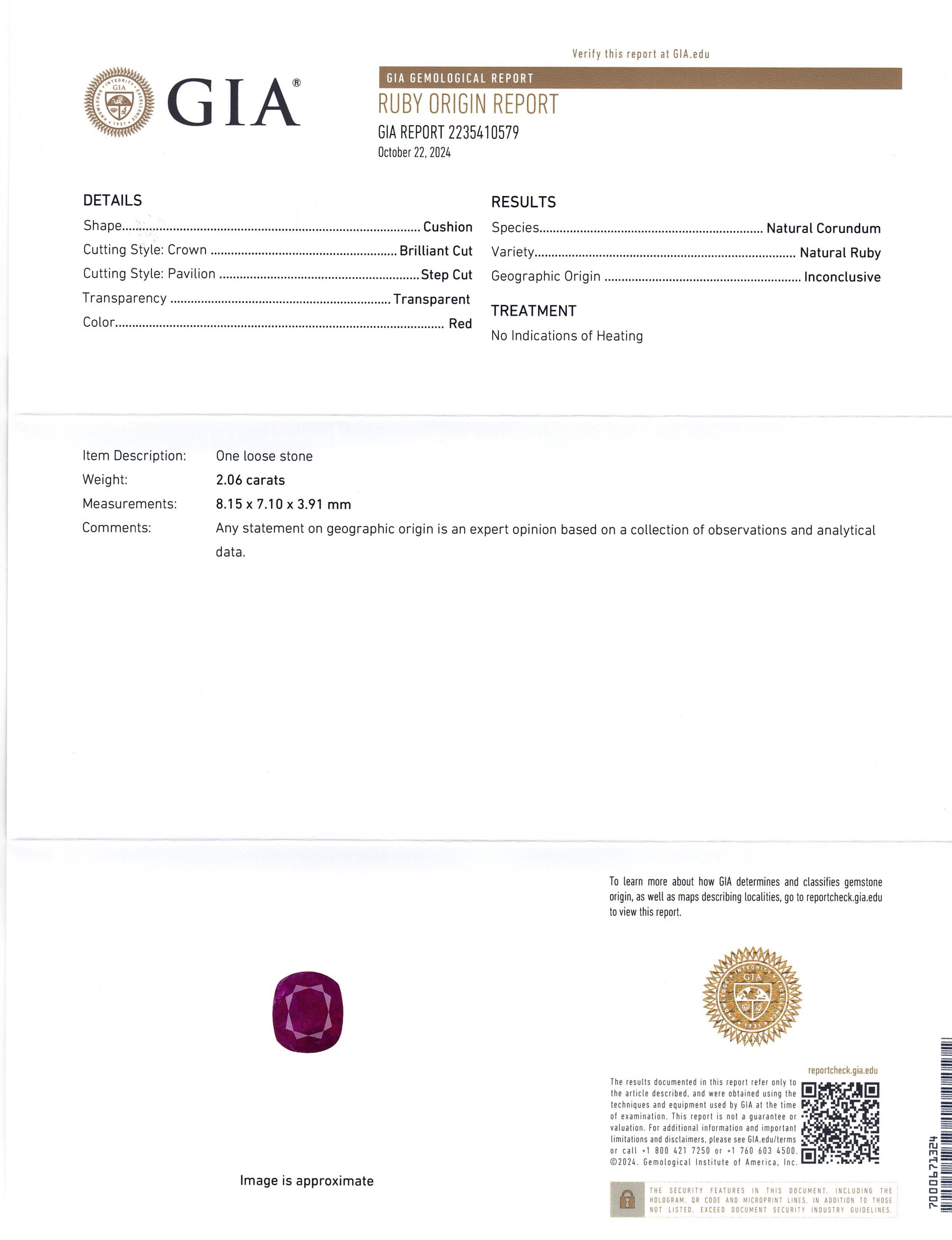 2.06ct Cushion Red Ruby GIA Certified Unheated - Skyjems Wholesale Gemstones