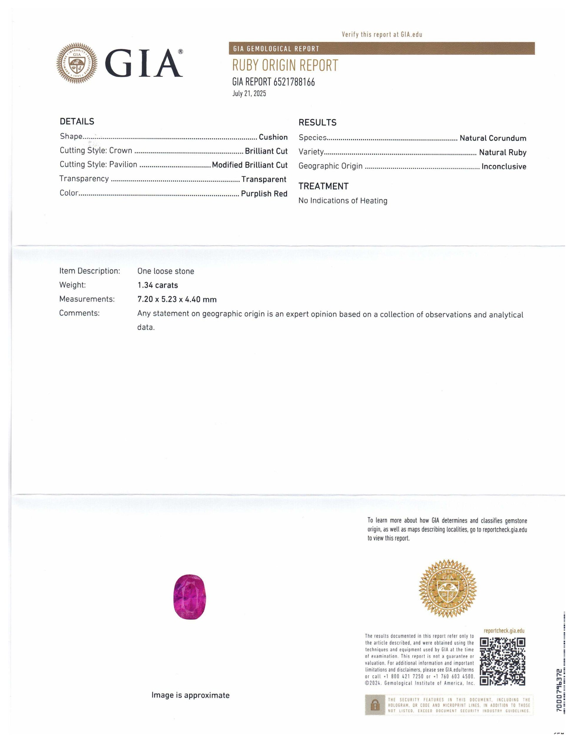 1.34ct Cushion Purplish Red Ruby GIA Certified  Unheated - Skyjems Wholesale Gemstones