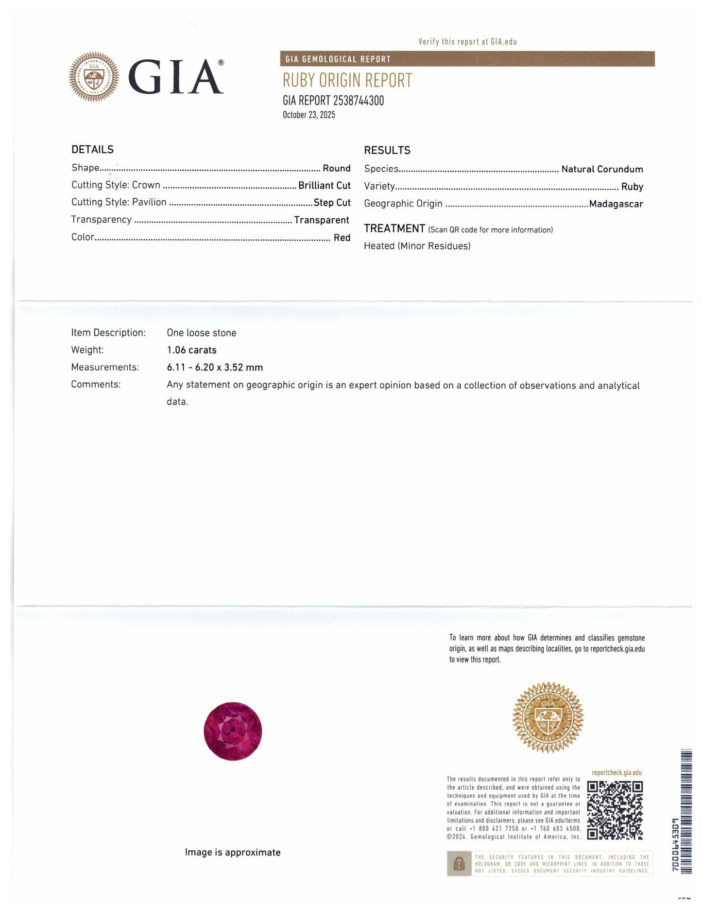 1.06ct Round Red Ruby GIA Certified Madagascar