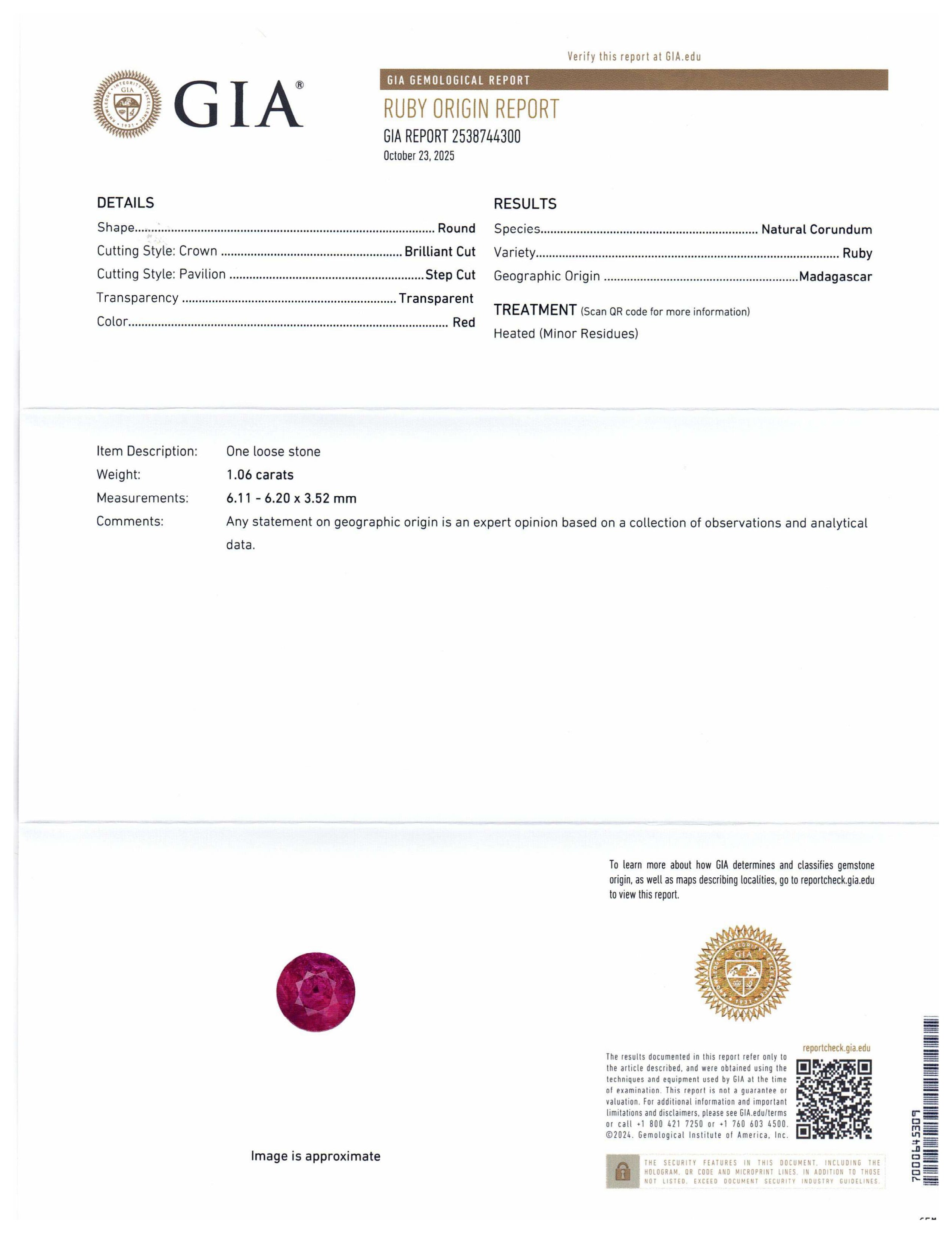 SkyJems 1.06ct Round Red Ruby from Madagascar, GIA certified natural gemstone with vibrant color and exceptional clarity