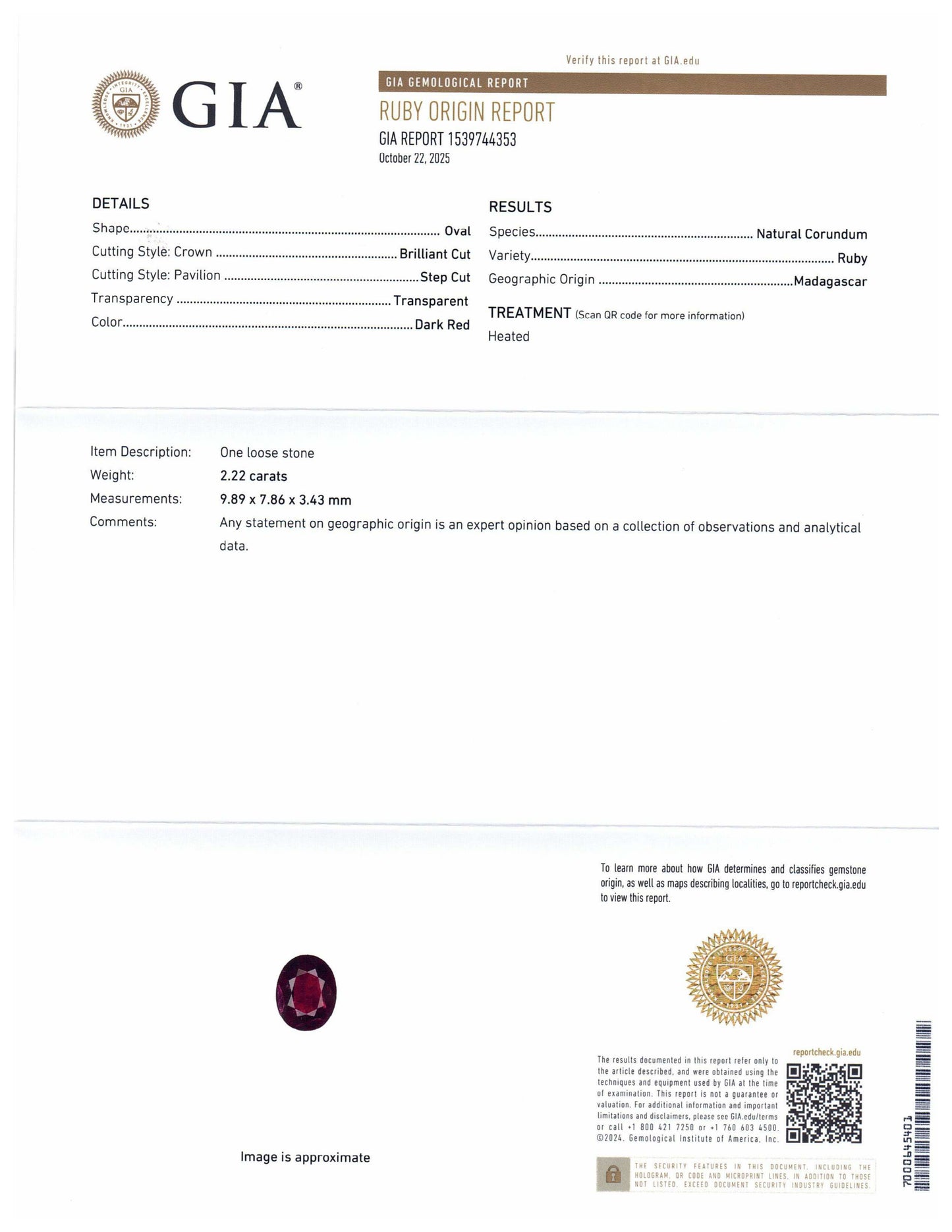 2.22ct Oval Dark Red Ruby GIA Certified Madagascar