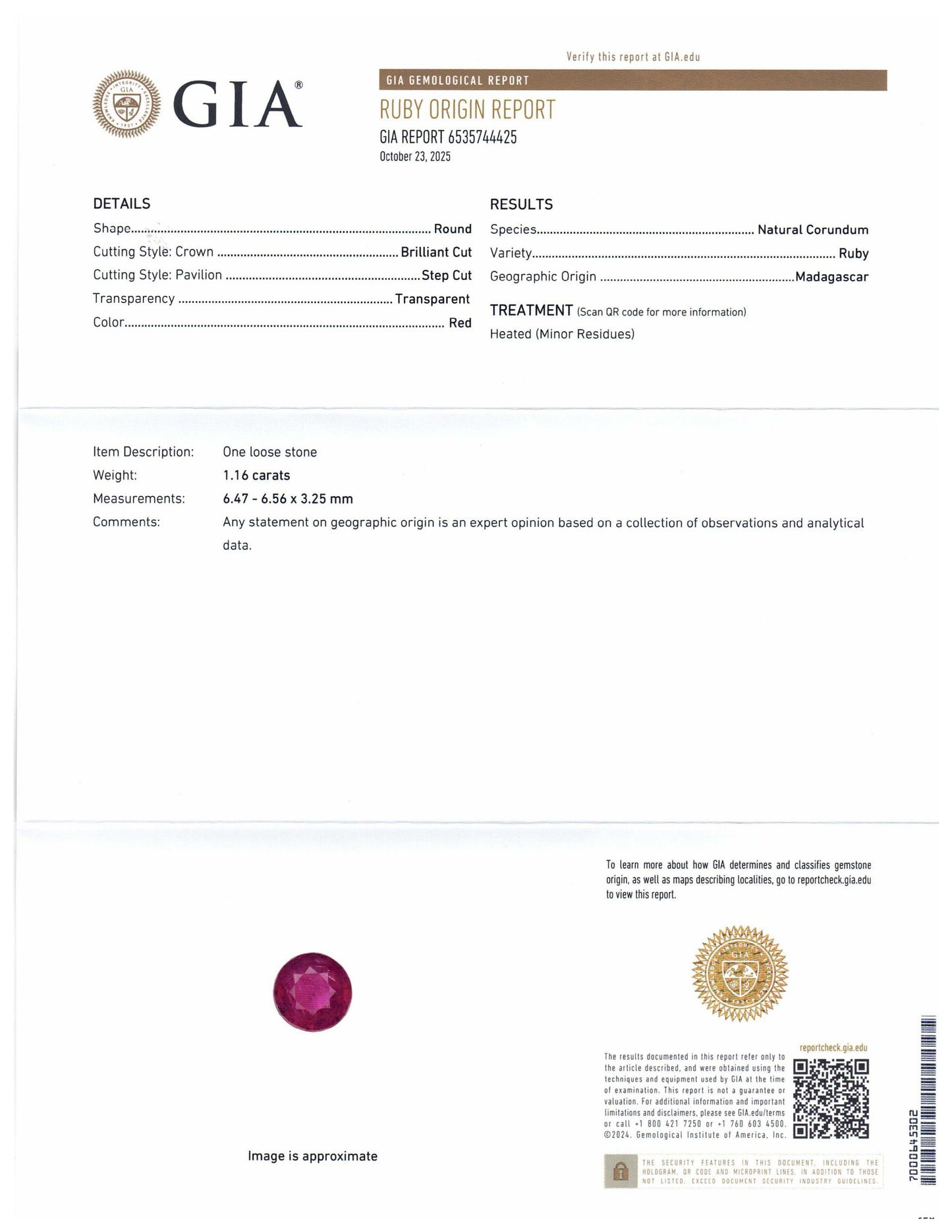 1.16ct Round Red Ruby GIA Certified Madagascar