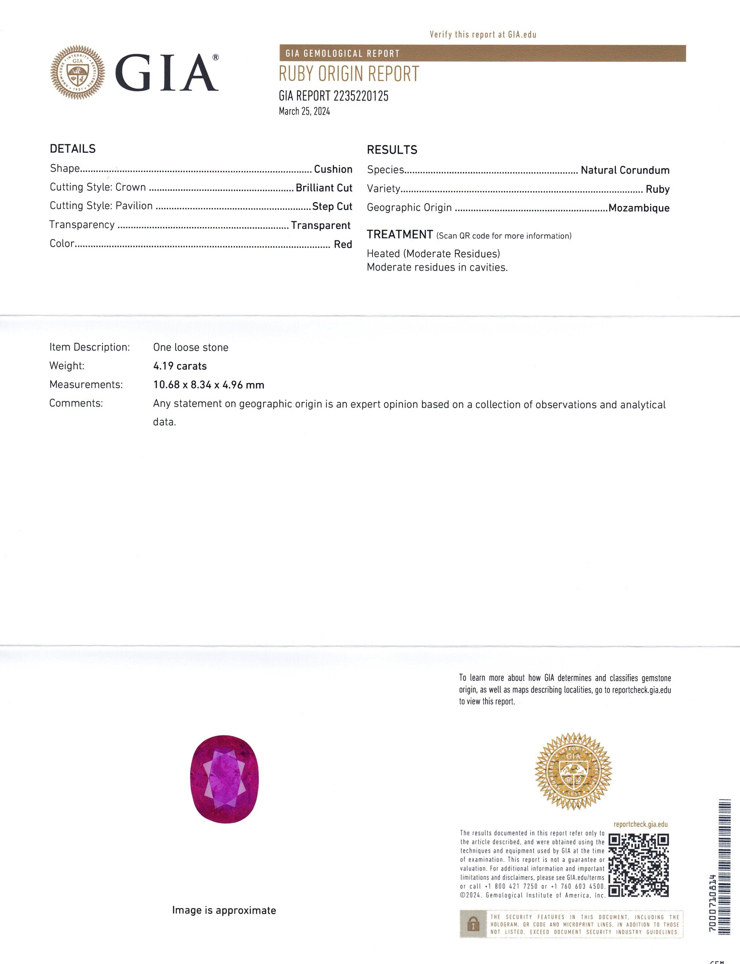 4.19ct Cushion Vivid Red Ruby GIA Certified Mozambique