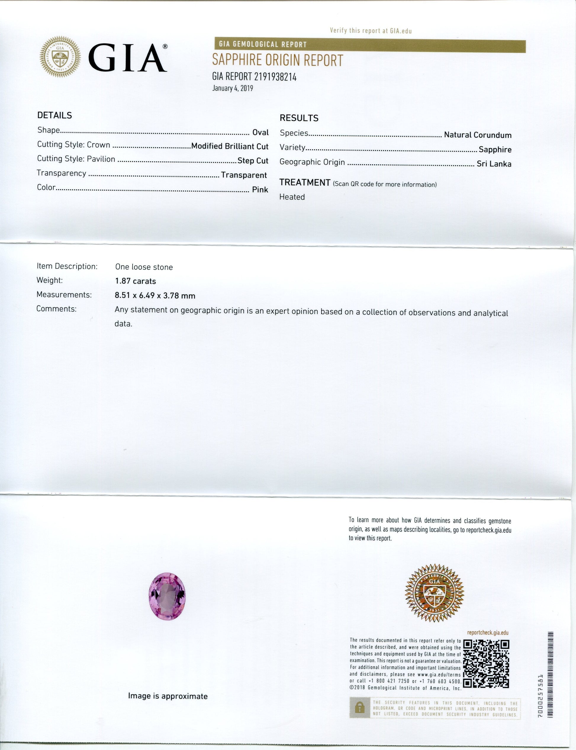 1.87 ct Pink Sapphire Oval GIA Certified Sri Lanka - Skyjems Wholesale Gemstones