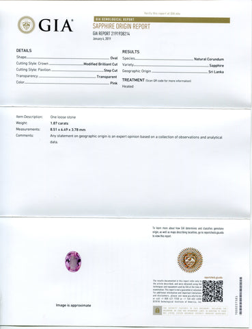 1.87ct Pastel Pink Sapphire Oval GIA Certified Sri Lanka