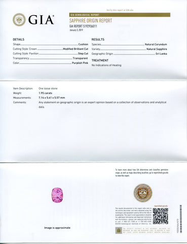 1.95ct Purplish Pink Sapphire Cushion GIA Certified Unheated, Sri Lanka