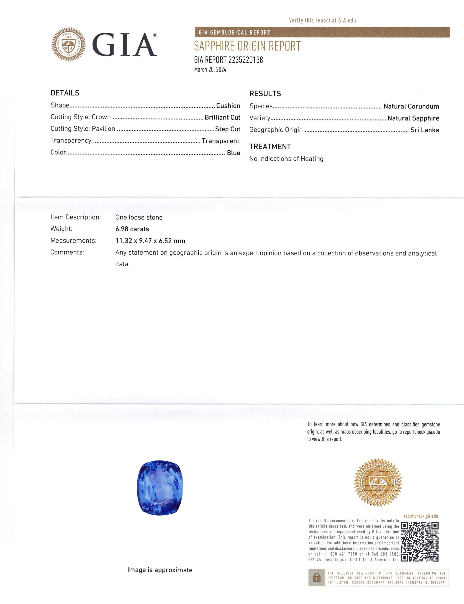 6.98ct Cushion Blue Sapphire GIA Certified Sri Lanka Unheated - Skyjems Wholesale Gemstones