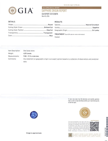 4.03ct Round Blue Sapphire GIA Certified Sri Lanka