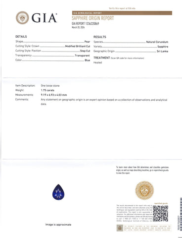 1.75ct Pear Blue Sapphire GIA Certified Sri Lanka