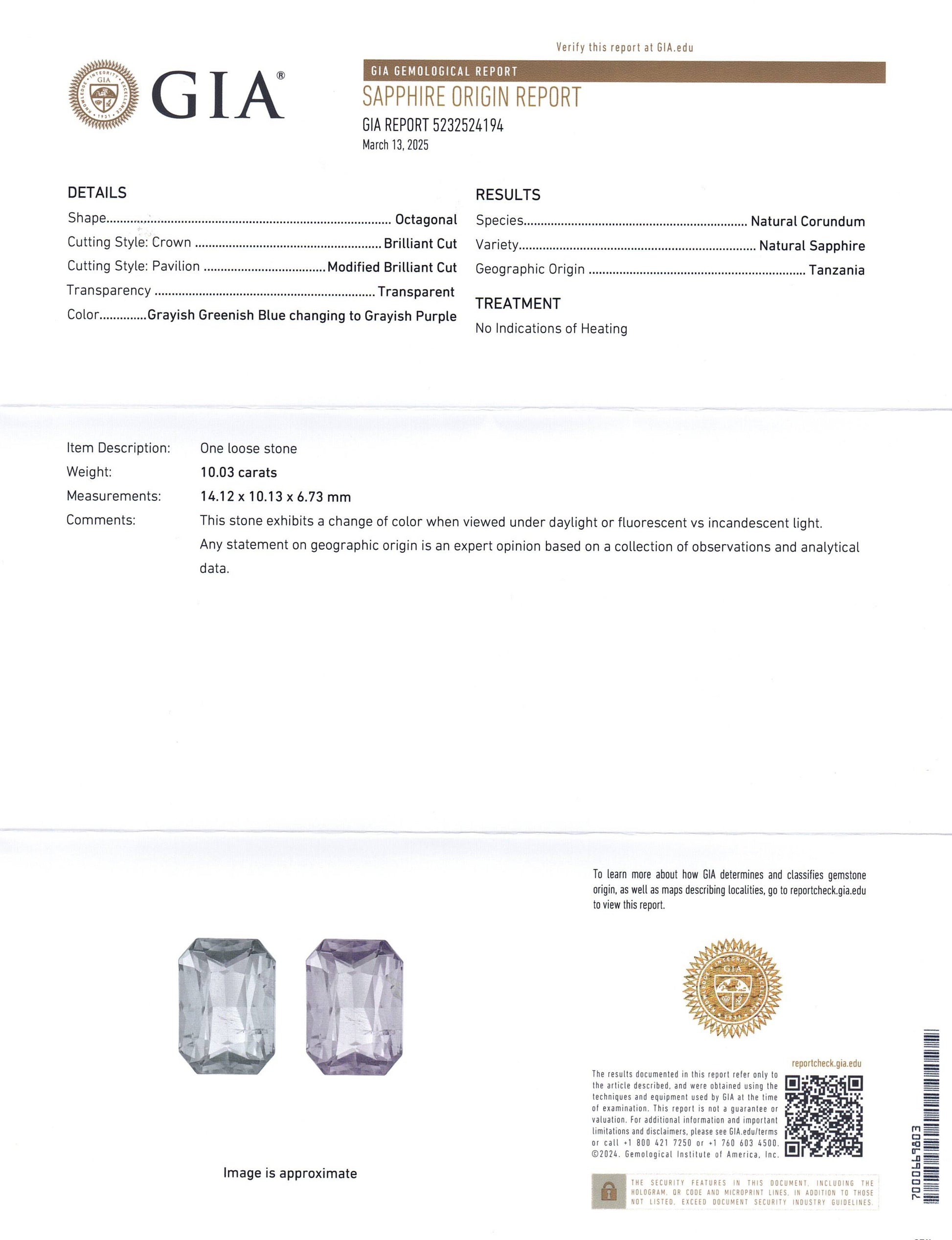 10.03ct Octagonal/Emerald Cut Grayish Greenish Blue to Grayish Purple Sapphire GIA Certified Tanzania Unheated - Skyjems Wholesale Gemstones