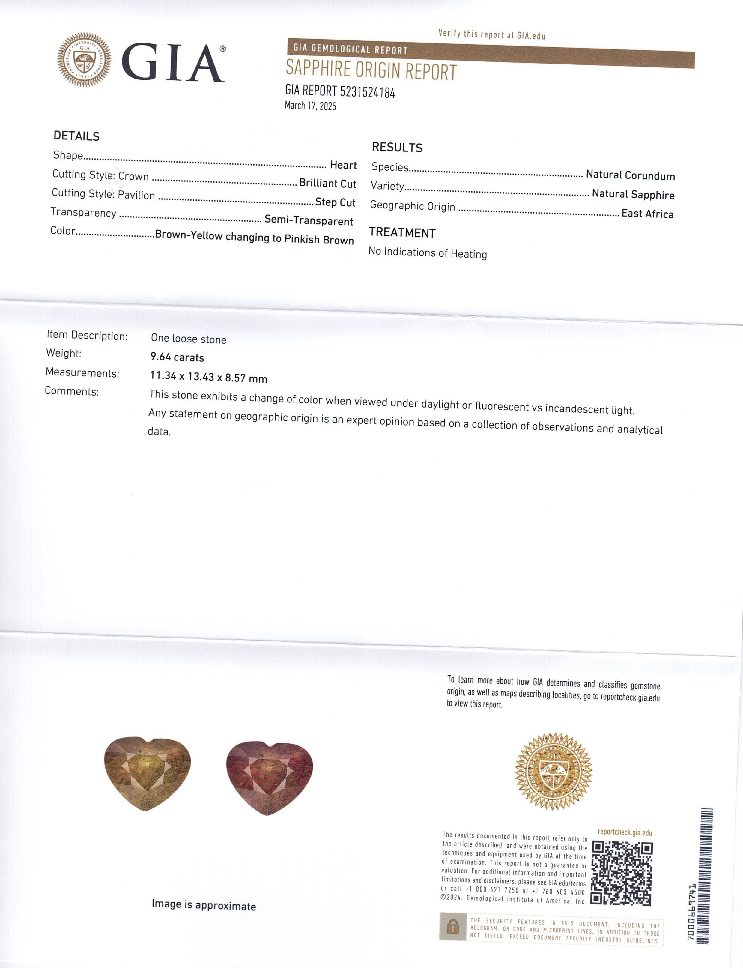 9.64ct Heart Brown-Yellow to Pinkish Brown Sapphire GIA Certified East Africa Unheated - Skyjems Wholesale Gemstones