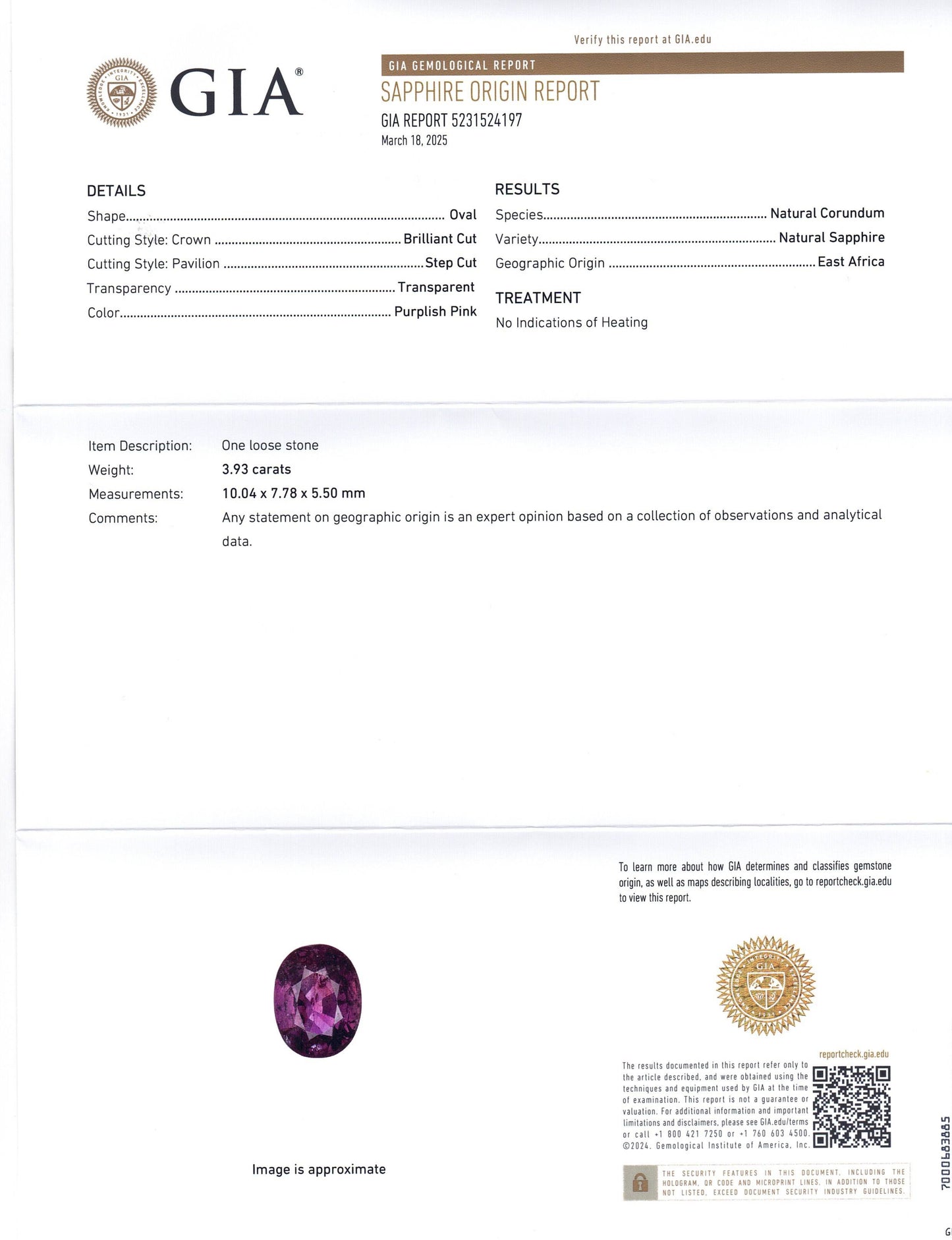 3.93ct Oval Purplish Pink Sapphire GIA Certified East Africa Unheated - Skyjems Wholesale Gemstones