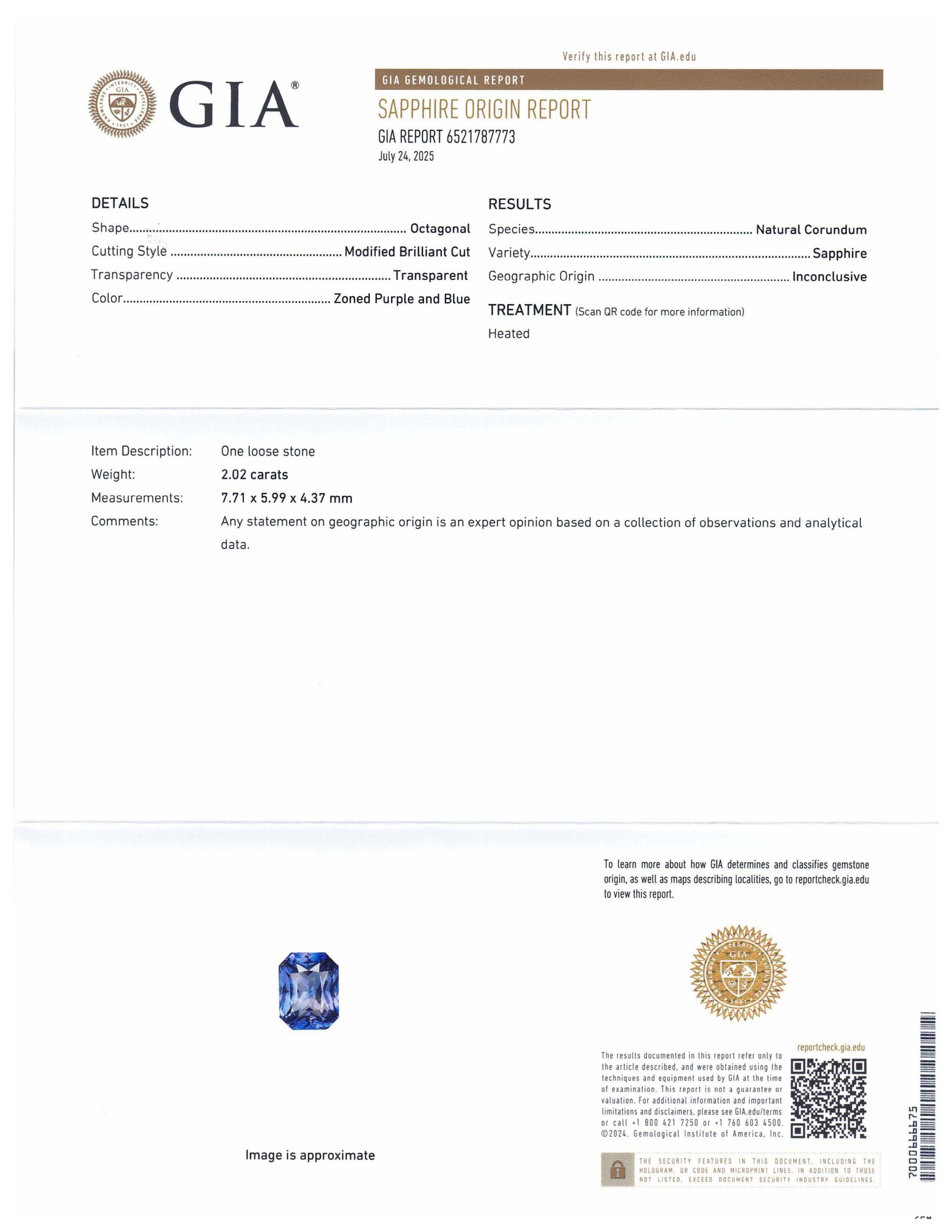 2.02ct Octagonal/Emerald Cut Purple and Blue Parti Sapphire GIA Certified - Skyjems Wholesale Gemstones