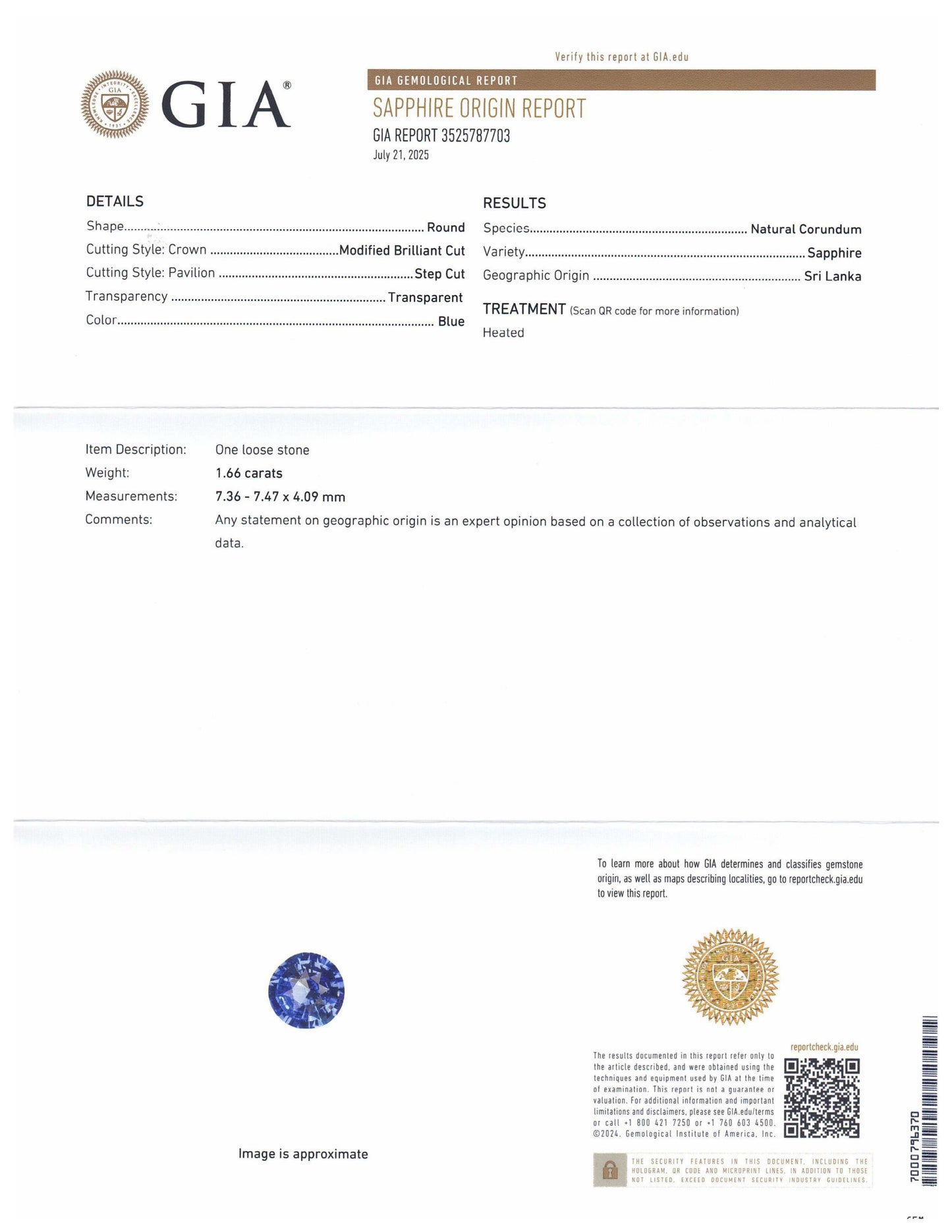 1.66ct Round Blue Sapphire GIA Certified Sri Lanka - Skyjems Wholesale Gemstones