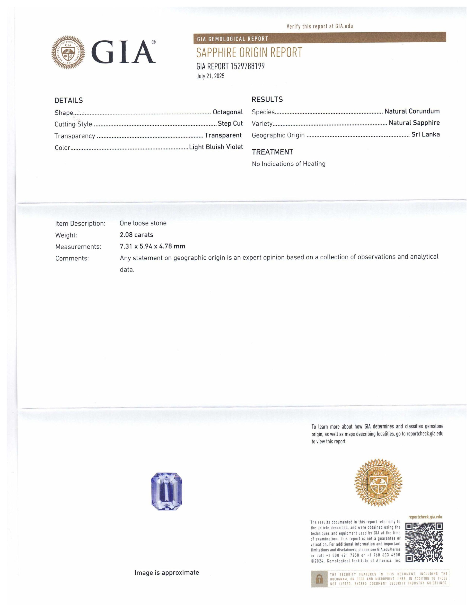 2.08ct Octagonal/Emerald Cut Light Bluish Violet Sapphire GIA Certified Sri Lanka Unheated - Skyjems Wholesale Gemstones