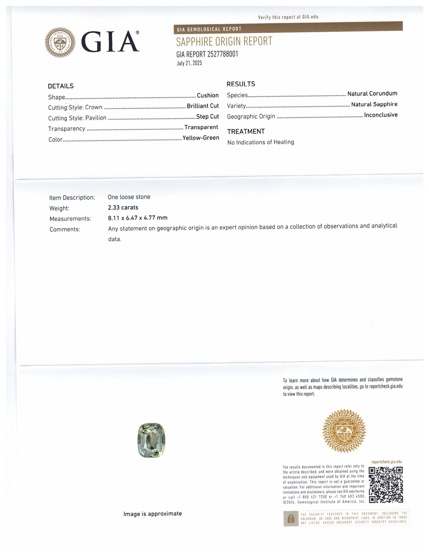 2.33ct Cushion Yellow-Green Sapphire GIA Certified Unheated - Skyjems Wholesale Gemstones