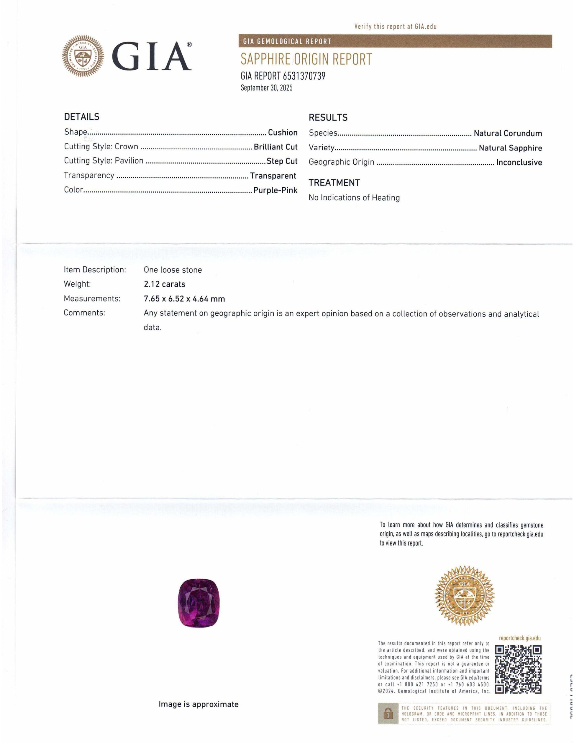 2.12ct Cushion Purple-Pink Sapphire GIA Certified  Unheated - Skyjems Wholesale Gemstones