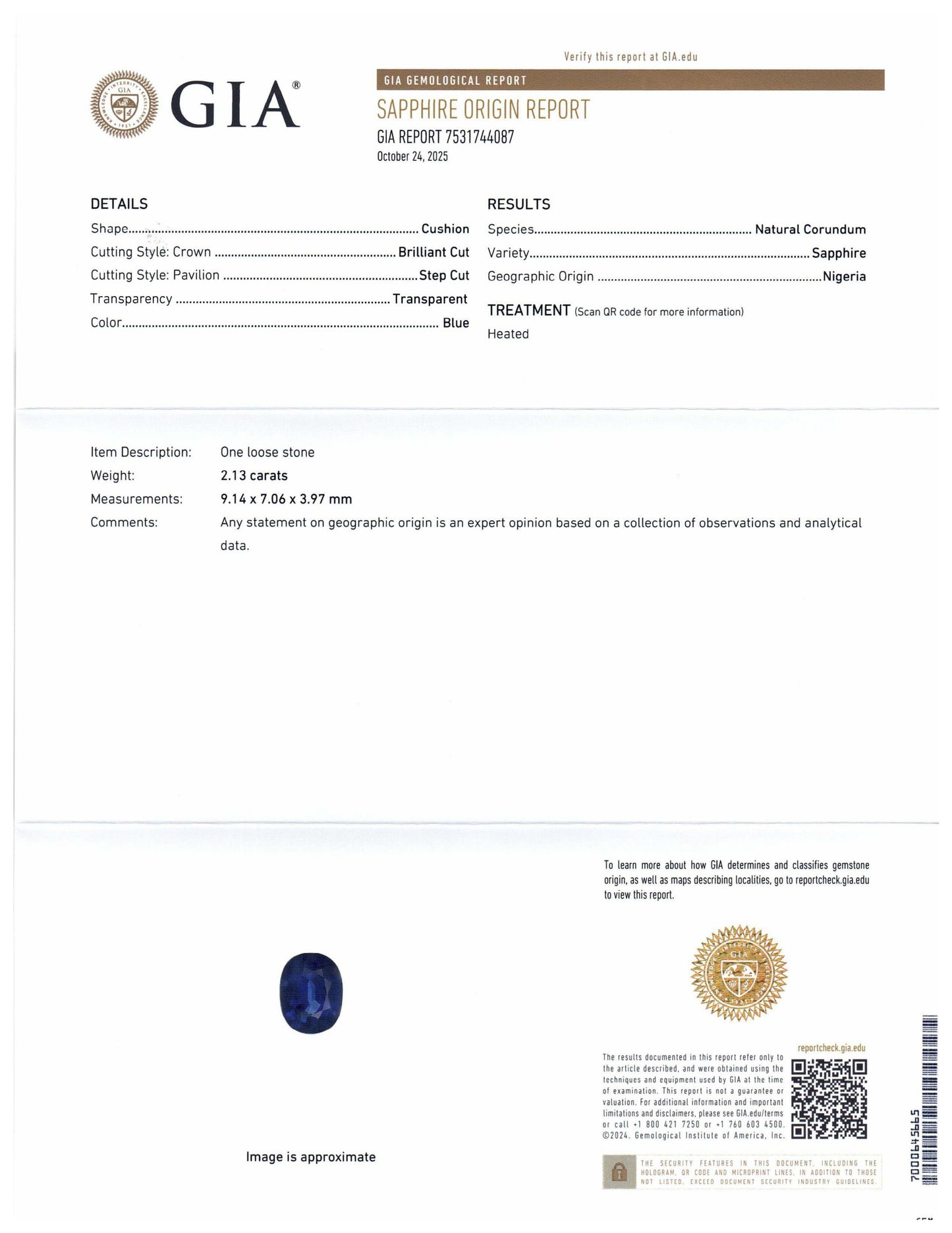 2.13ct Cushion Blue Sapphire GIA Certified Nigeria
