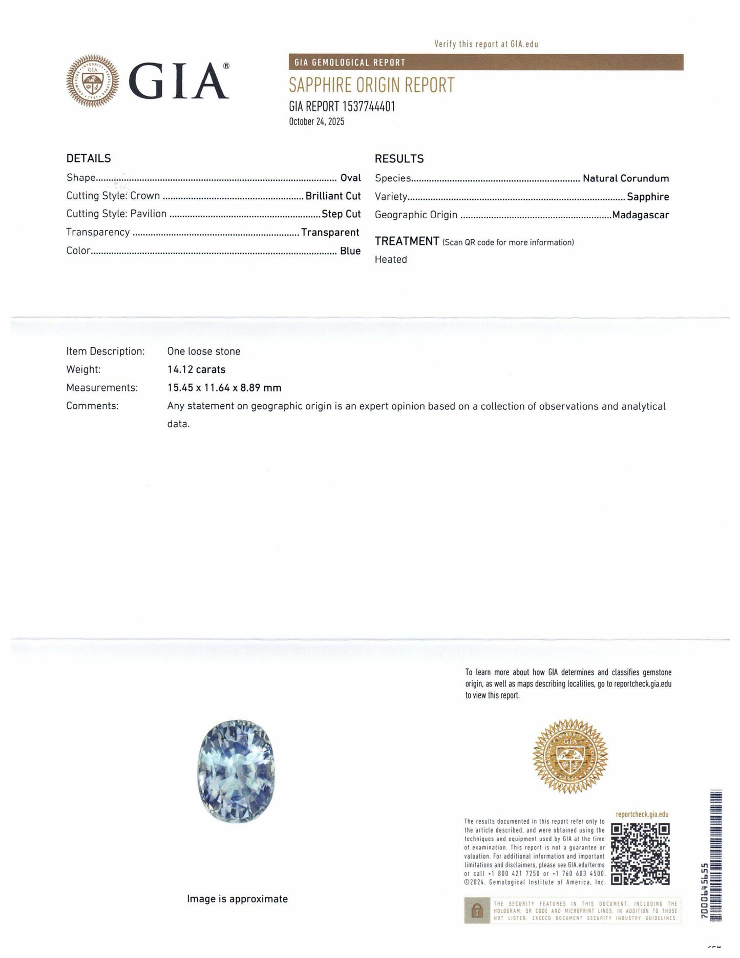 14.12ct Oval Blue Sapphire GIA Certified Madagascar