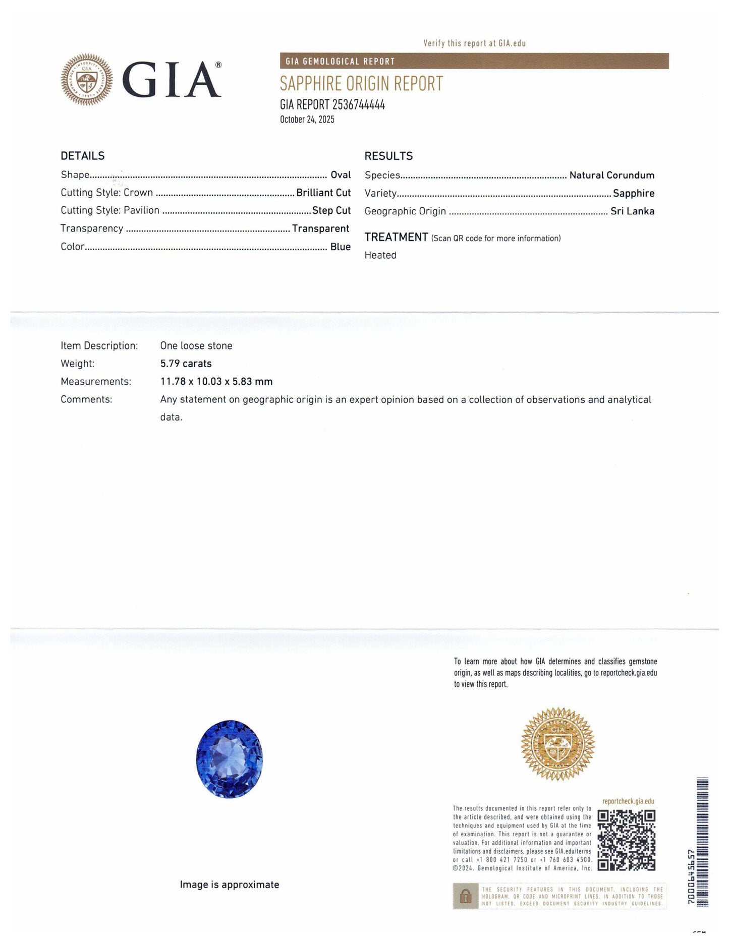 5.79ct Oval Blue Sapphire GIA Certified Sri Lanka