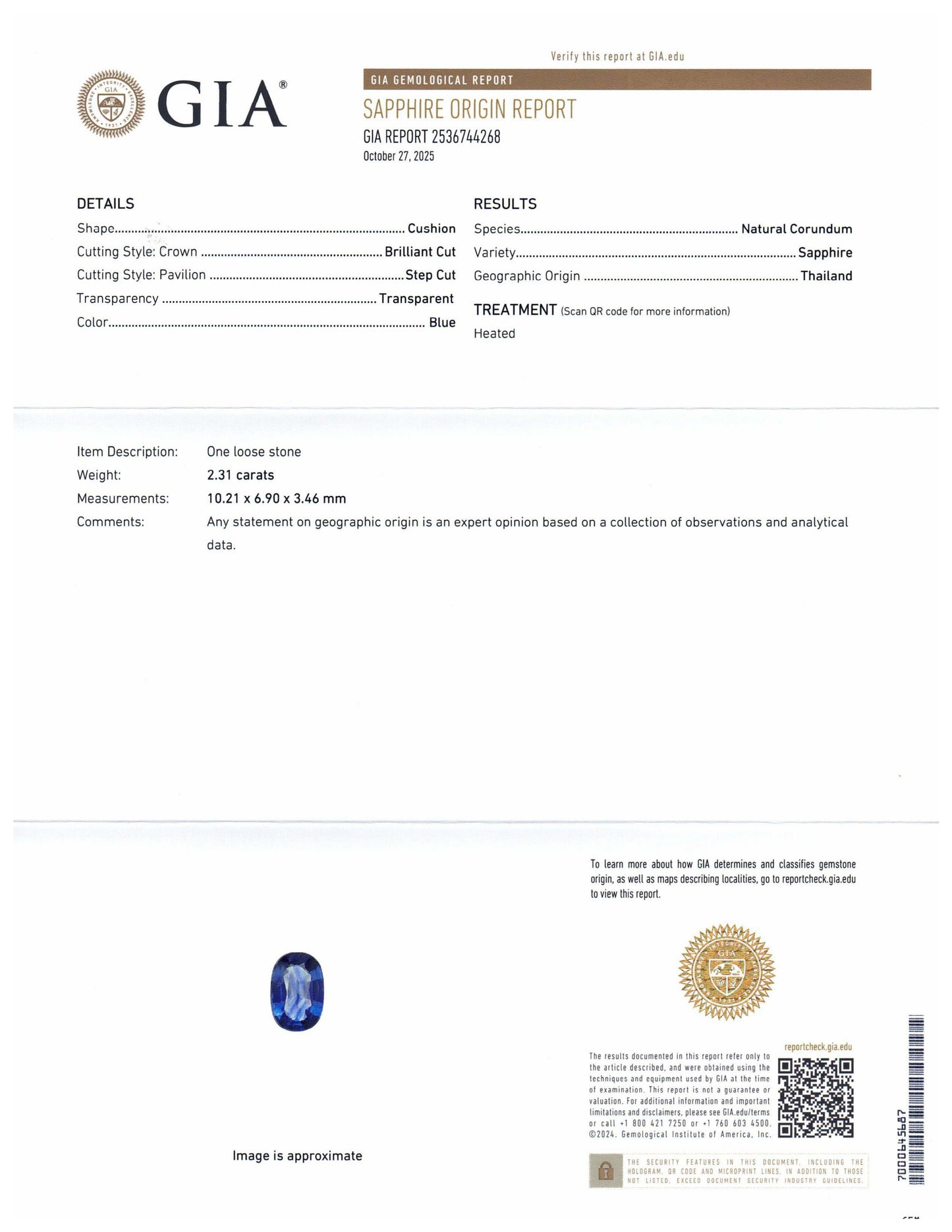 2.31ct Cushion Blue Sapphire GIA Certified Thailand