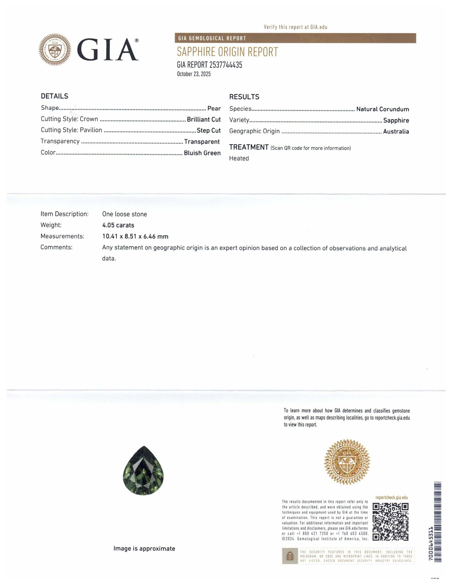 4.05ct Pear Bluish Green Sapphire GIA Certified Australia