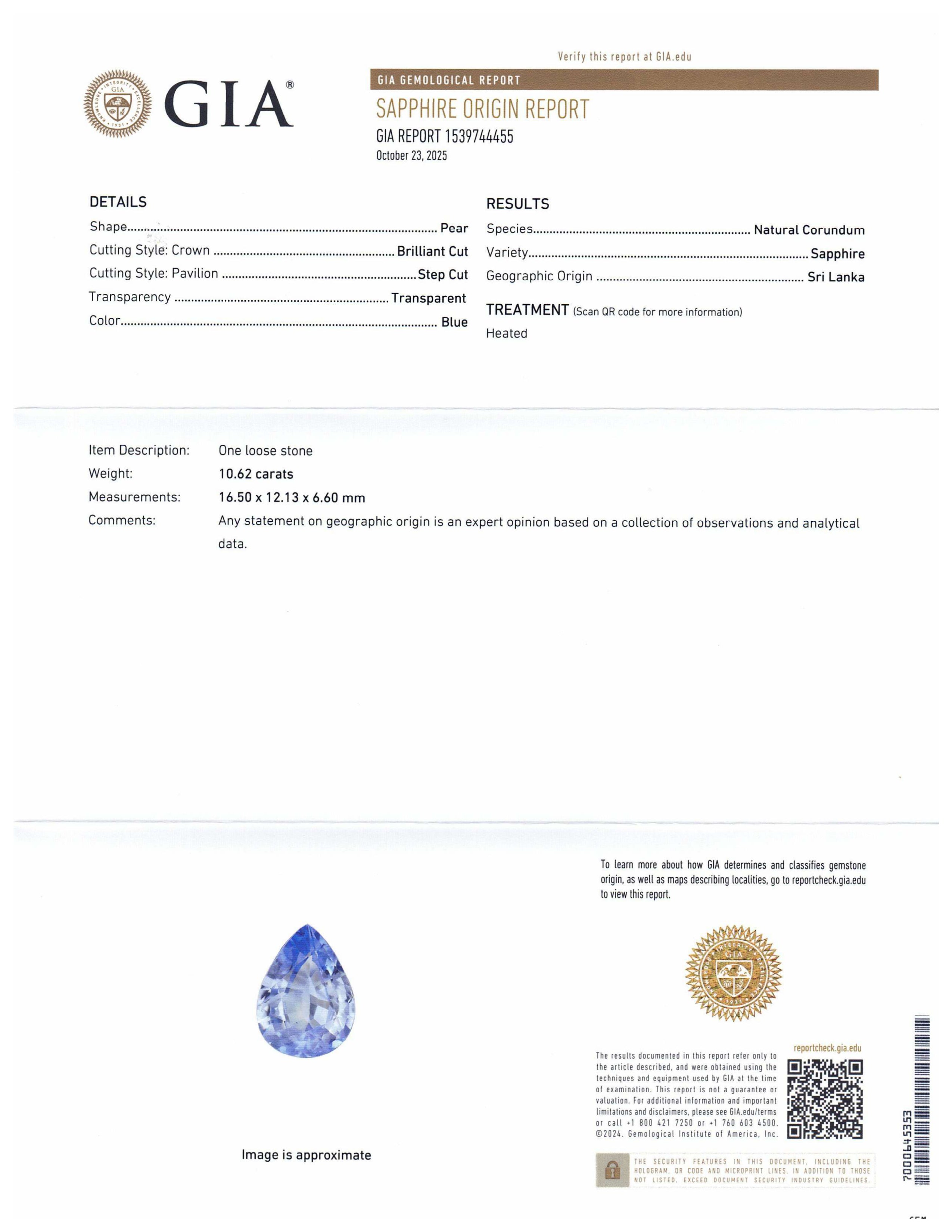 10.62ct Pear Blue Sapphire GIA Certified Sri Lanka - Skyjems Wholesale Gemstones
