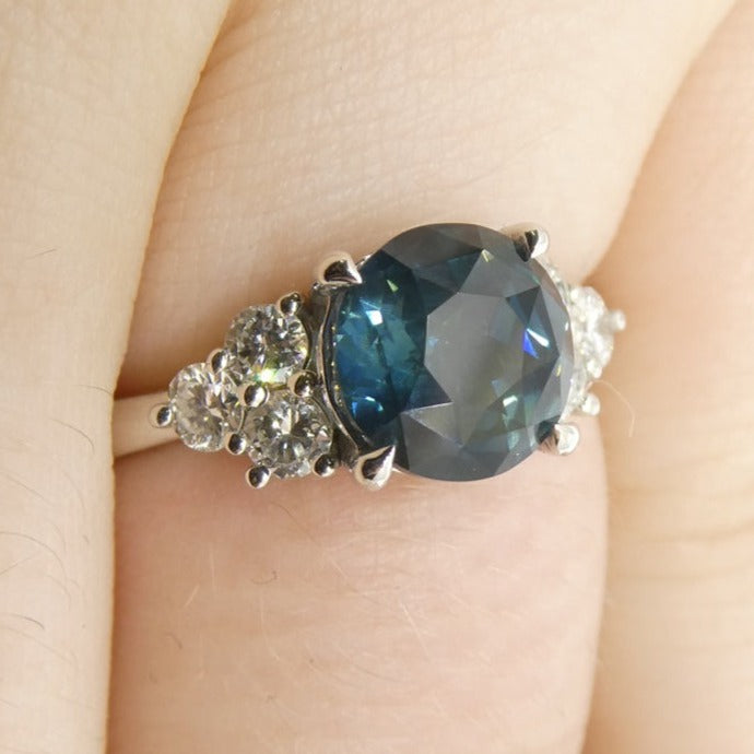 2.80ct Round Teal Blue Sapphire, Diamond Statement or Engagement Ring set in 14k White Gold, GIA Certified Thailand - Skyjems Wholesale Gemstones