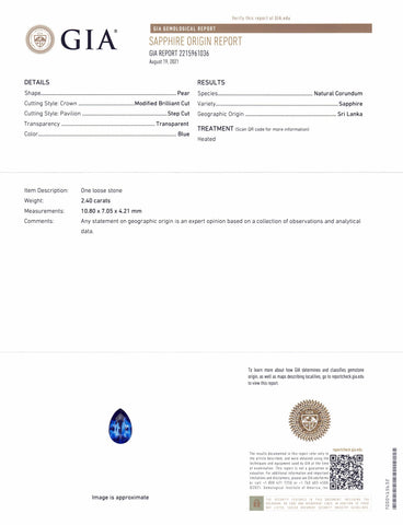 2.40ct Pear Blue Sapphire GIA Certified Sri Lanka