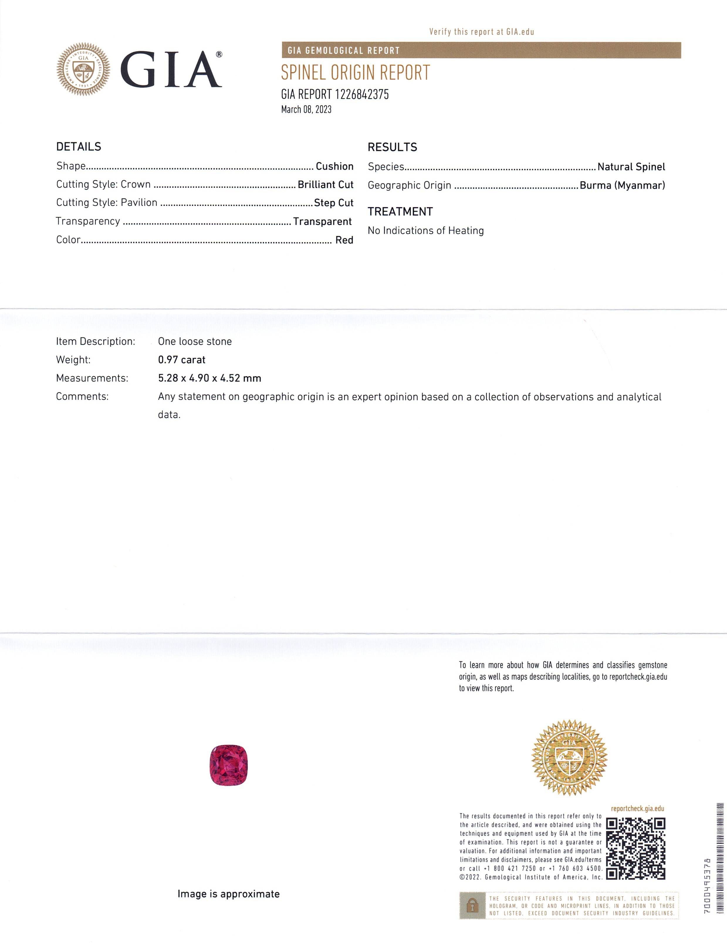 0.97ct Cushion Red Jedi Spinel from Myanmar, GIA Certified Natural Gemstone by SkyJems Canadian Gem Experts