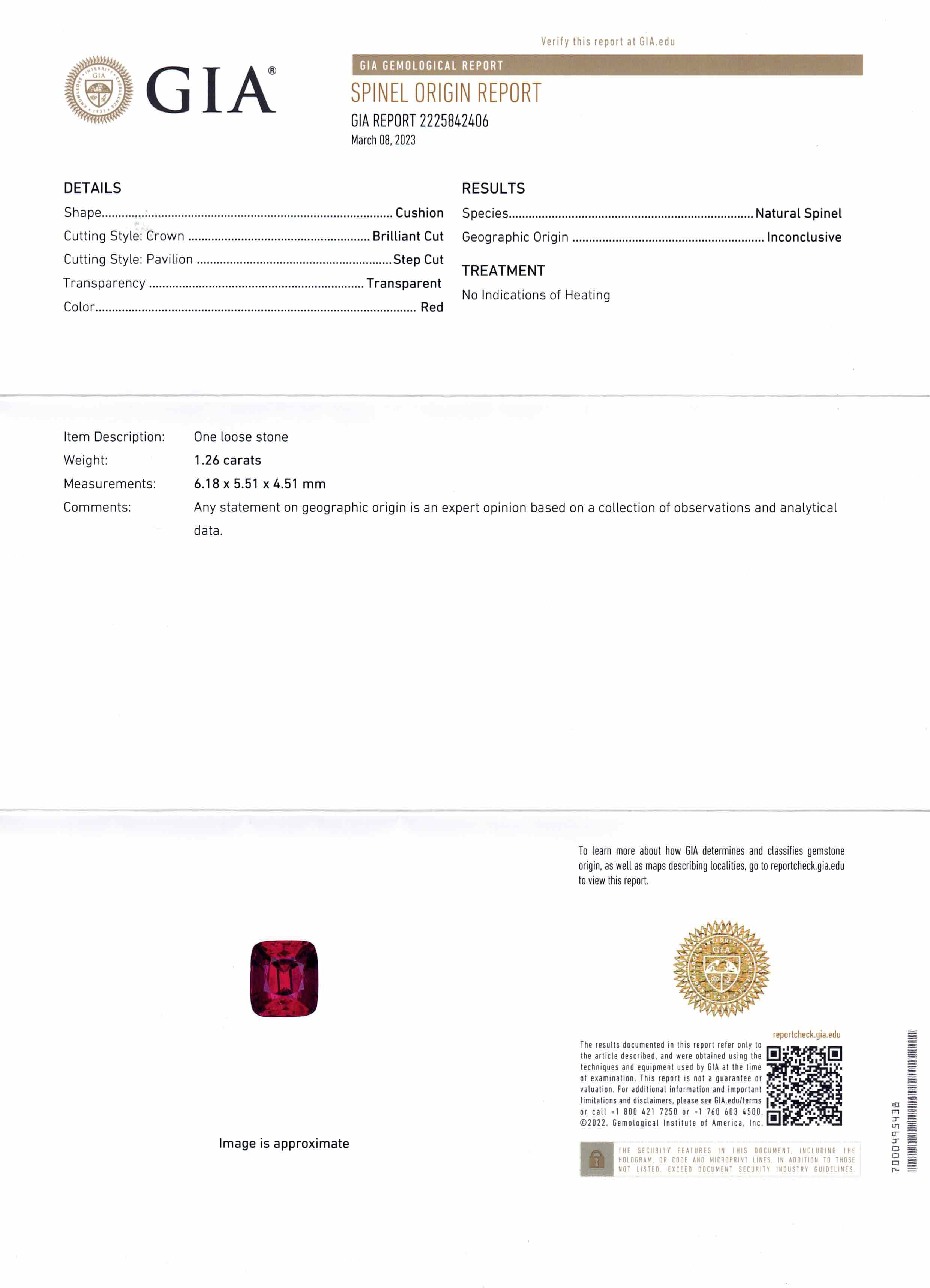 1.26ct Cushion Red Jedi Spinel GIA Certified