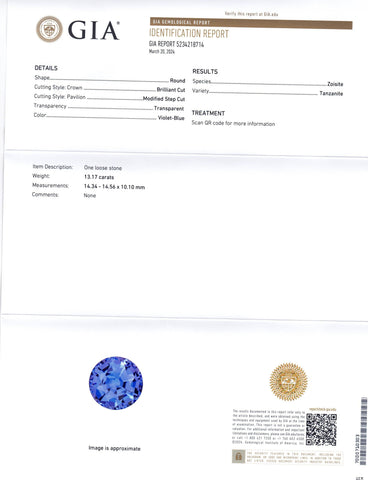 13.17ct Round Violet-Blue Tanzanite GIA Certified Tanzania