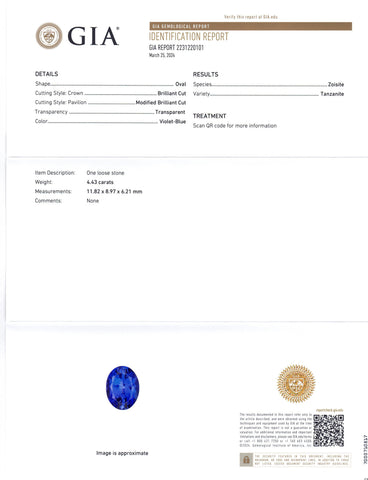 4.43ct Oval Violet-Blue Tanzanite GIA Certified Tanzania