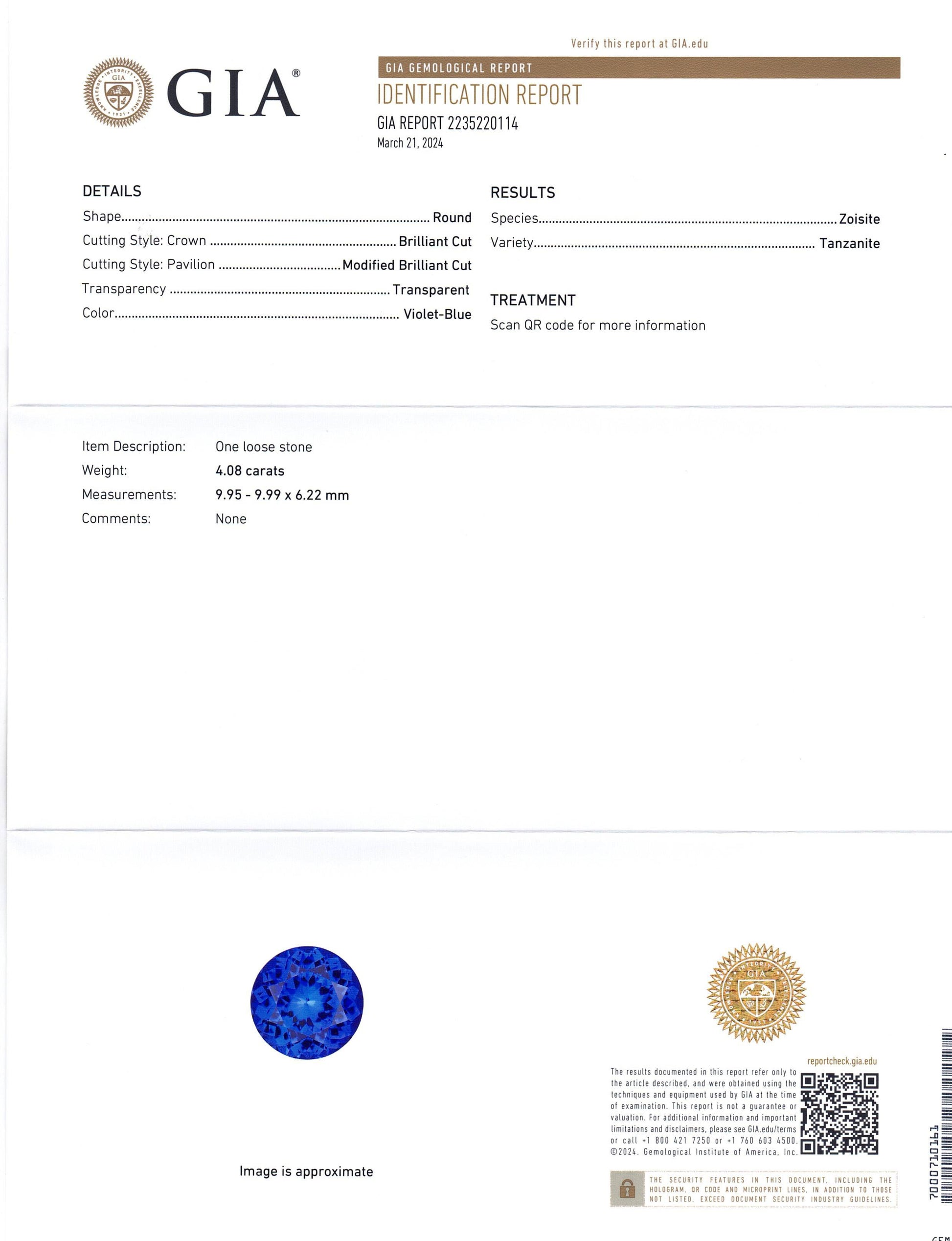 4.08ct Round Violet-Blue Tanzanite GIA Certified Tanzania - Skyjems Wholesale Gemstones