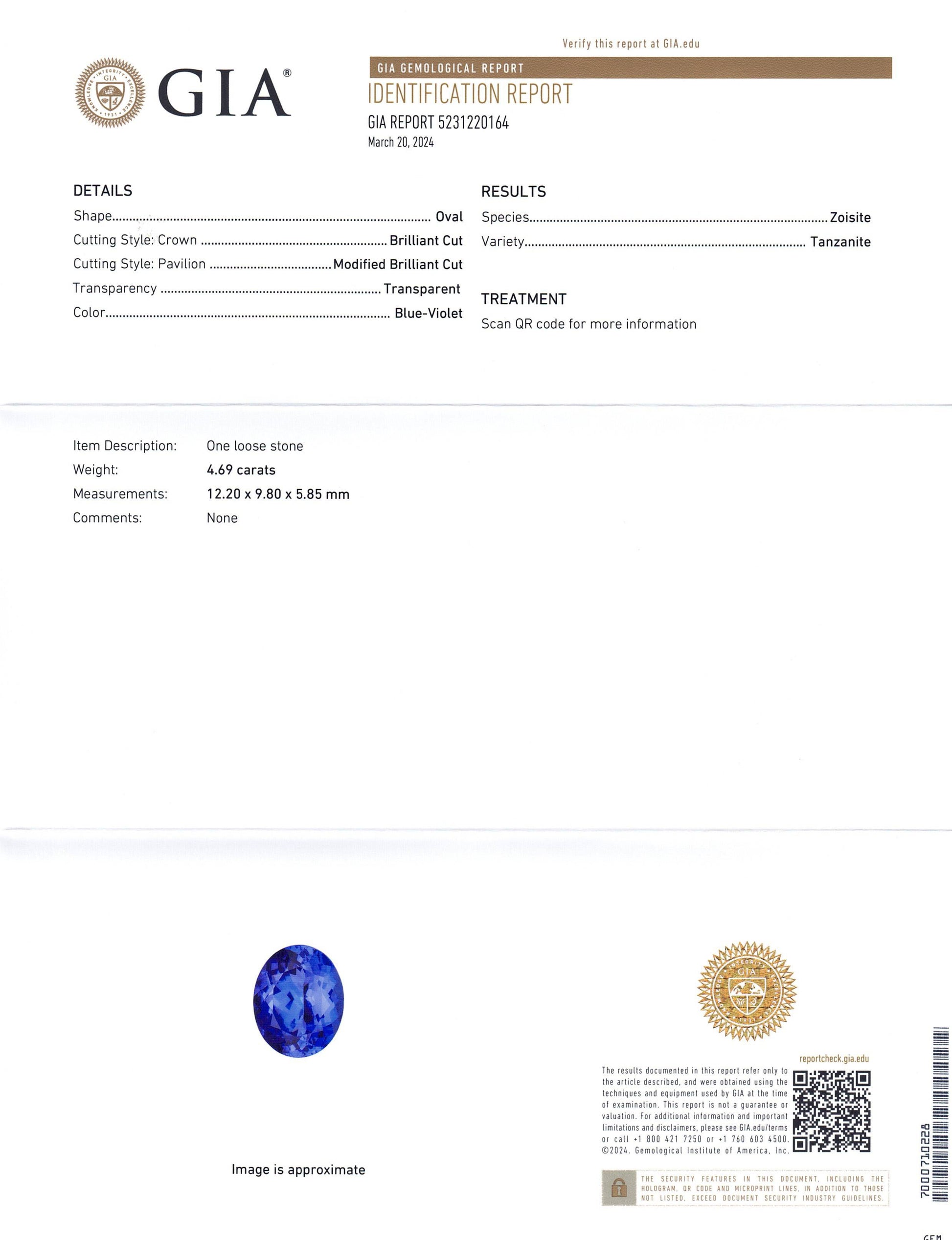 4.69ct Oval Blue-Violet Tanzanite GIA Certified Tanzania - Skyjems Wholesale Gemstones