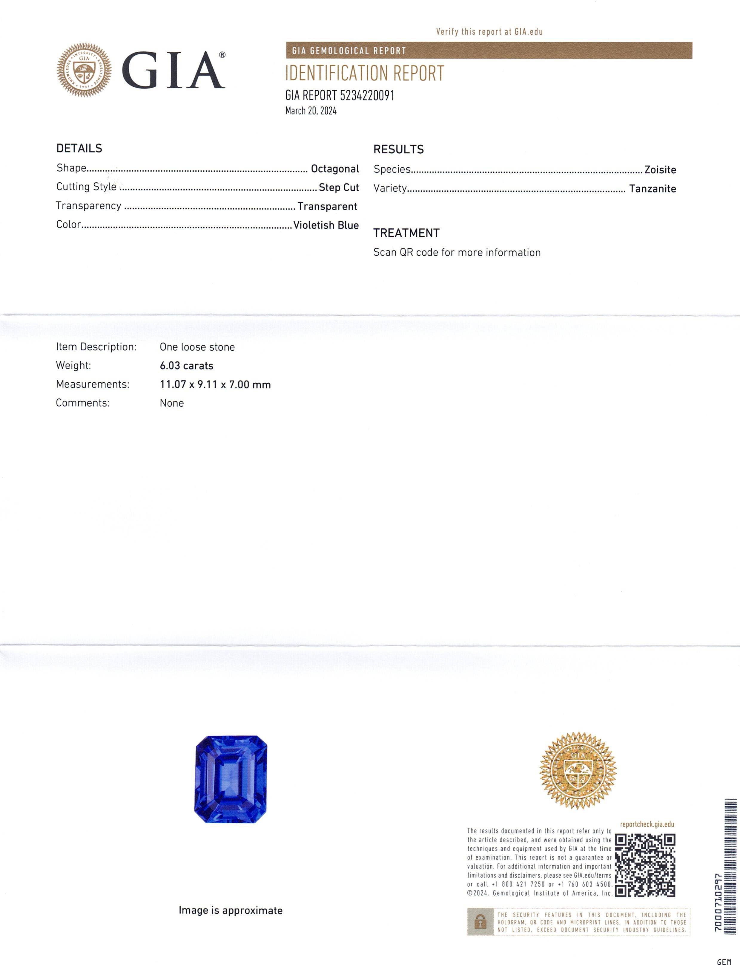 6.03ct Octagonal Violetish Blue Tanzanite GIA Certified Tanzania - Skyjems Wholesale Gemstones