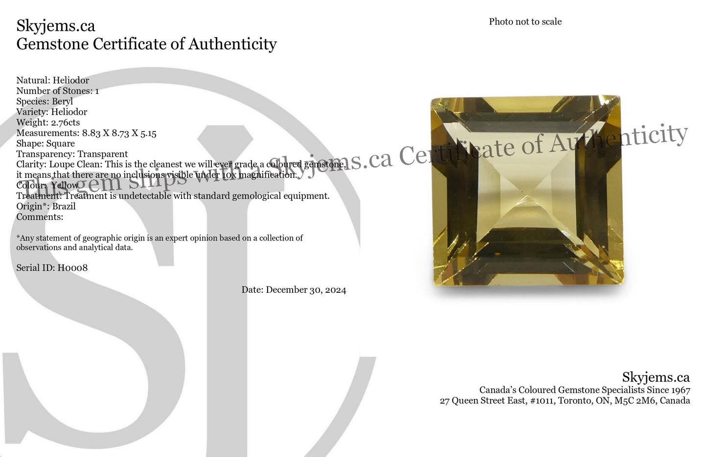 2.76ct Square Heliodor, Golden Yellow Beryl