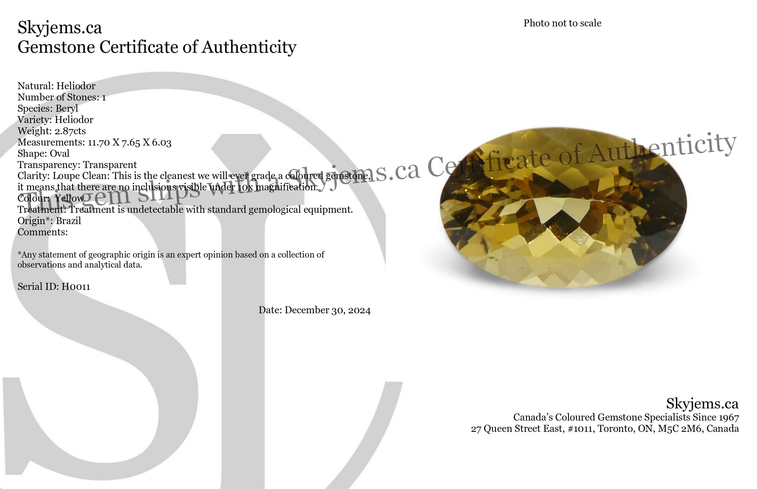 2.87ct Brazilian Heliodor, golden yellow oval beryl gemstone from SkyJems' premium single-stone collection