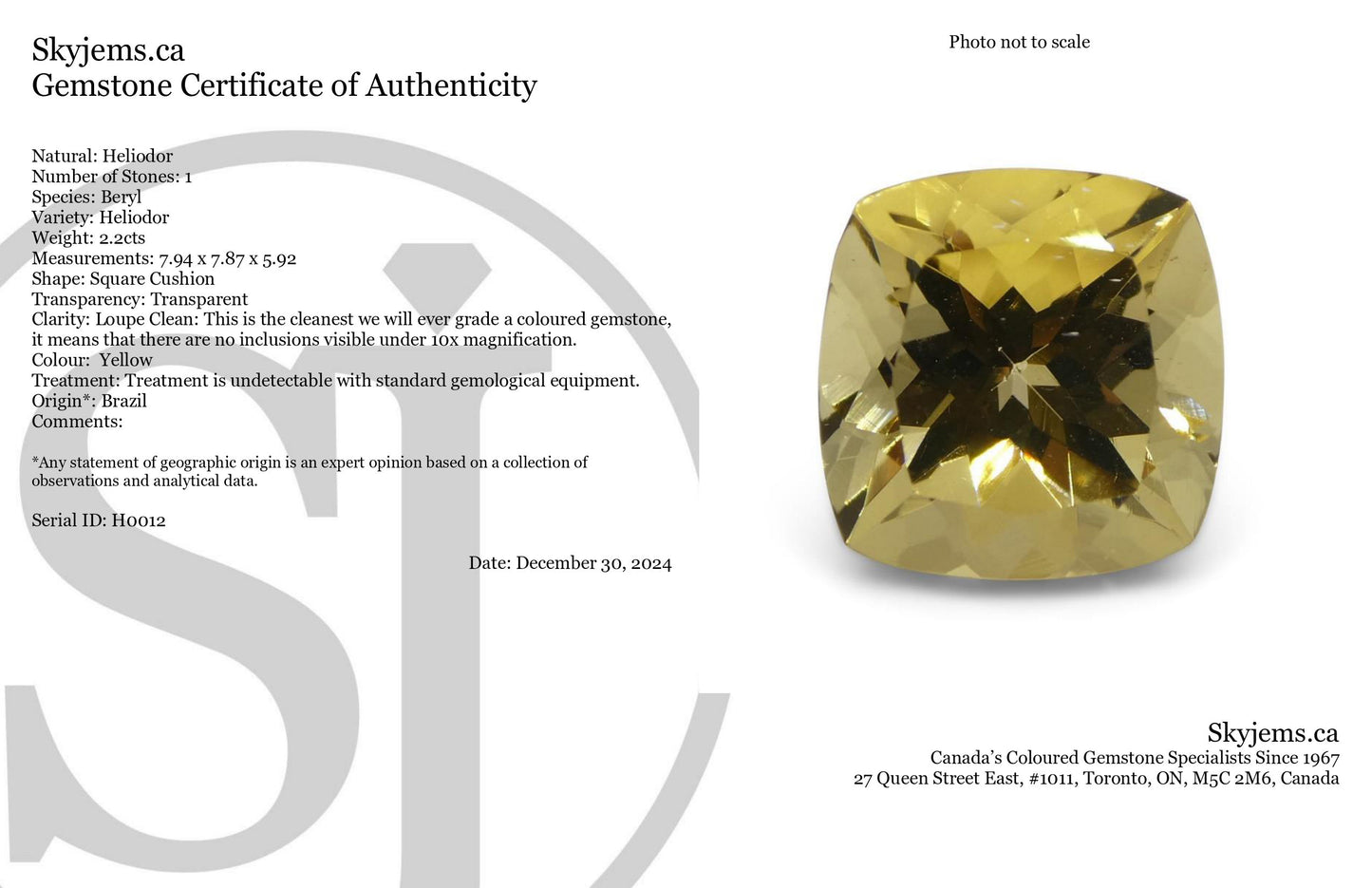 2.2ct Square Cushion Heliodor, Golden Yellow Beryl