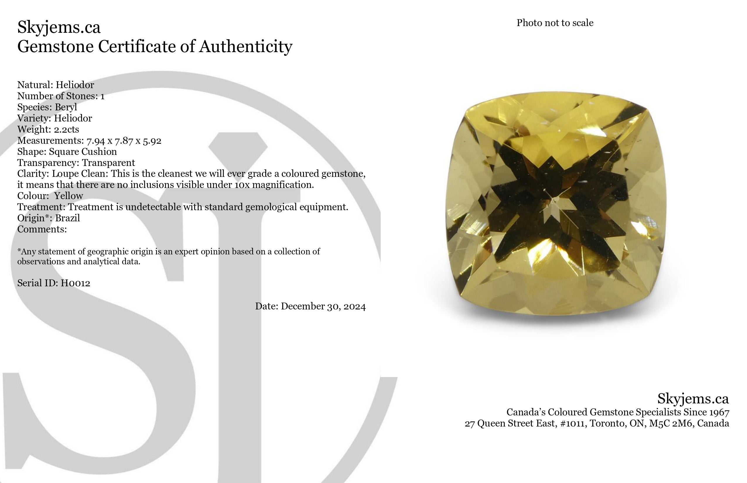 2.2ct Square Cushion Heliodor, Golden Yellow Beryl - Skyjems Wholesale Gemstones