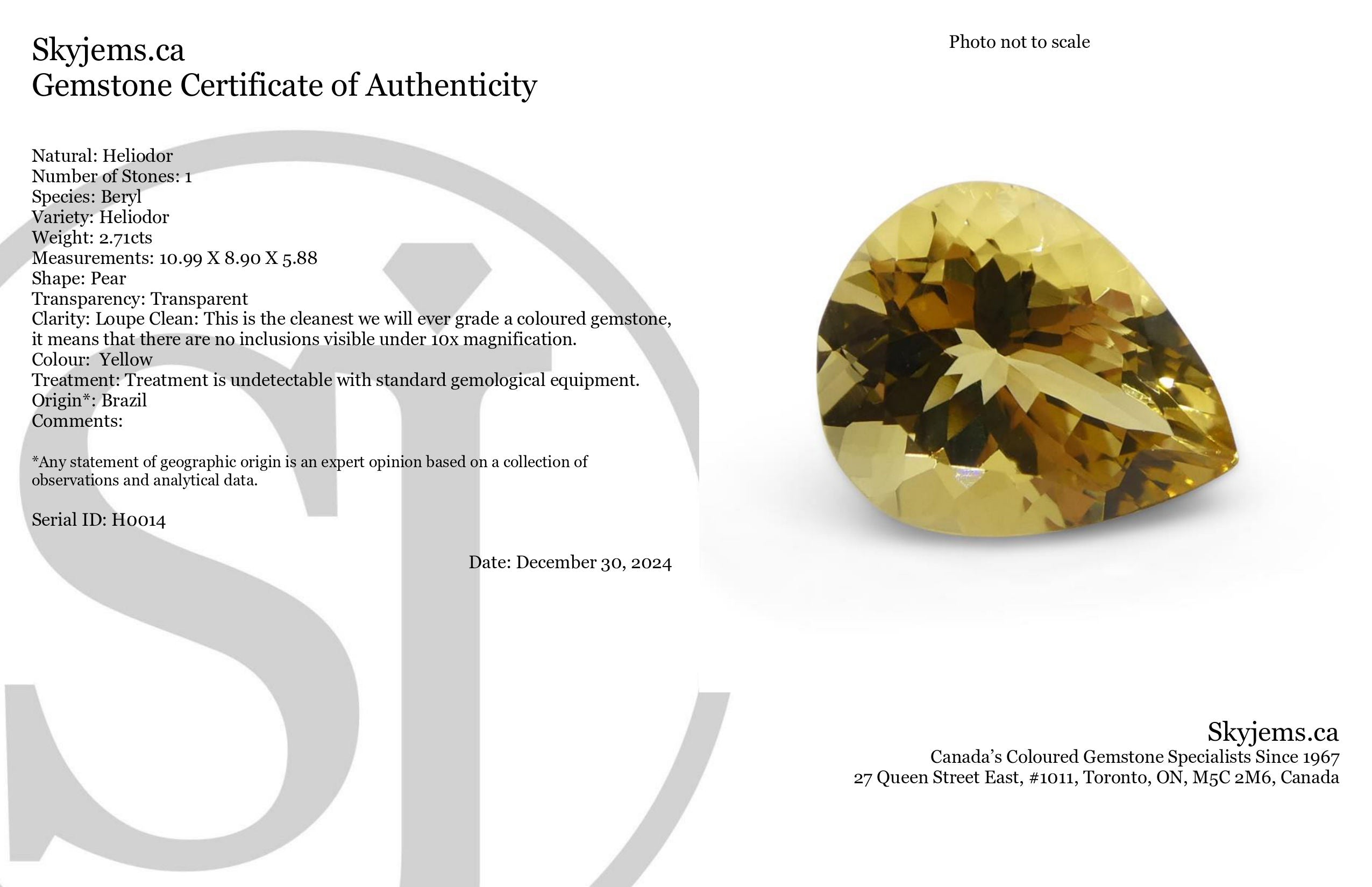 2.71ct Brazilian Golden Yellow Heliodor Pear Beryl Gemstone from SkyJems Rare Gem Collection