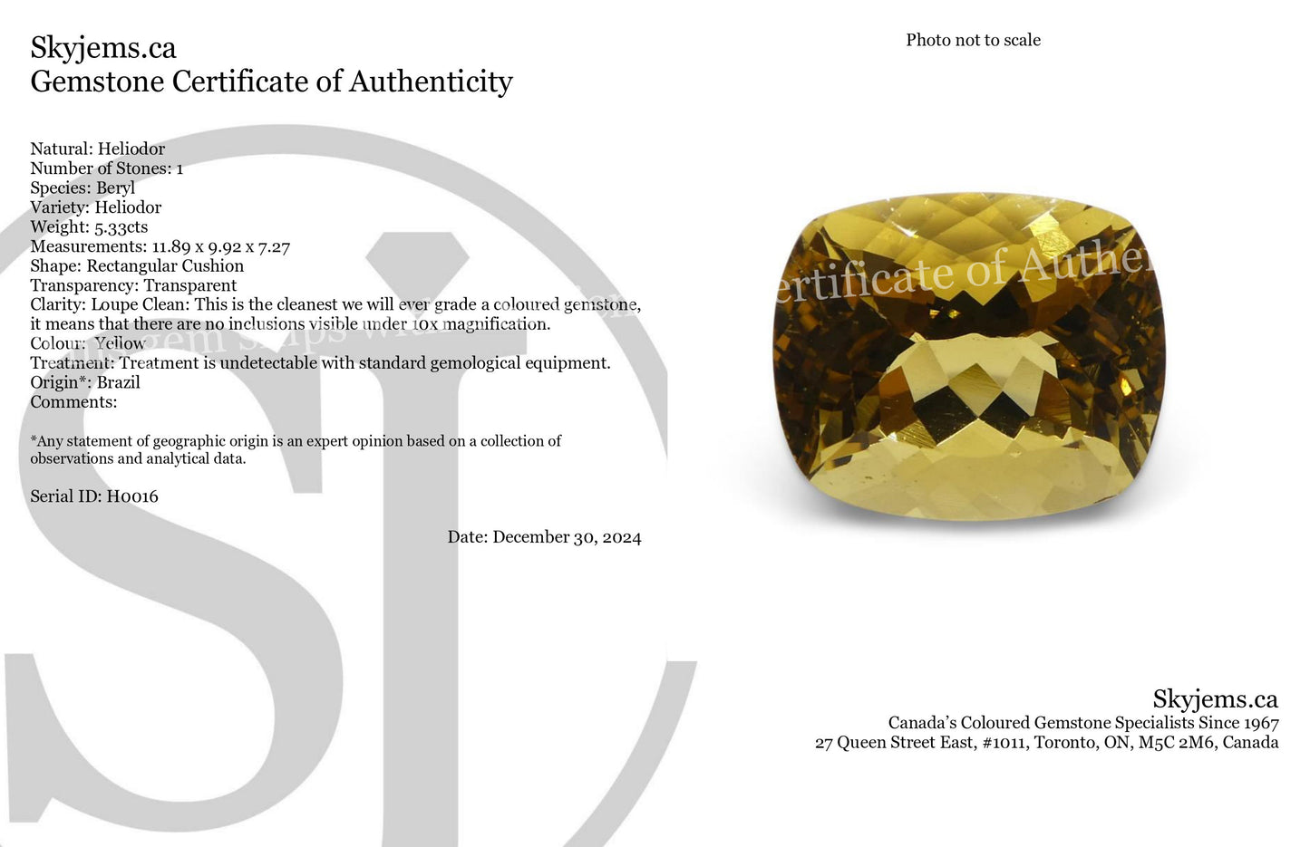 5.33ct Rectangular Cushion Heliodor, Golden Yellow Beryl