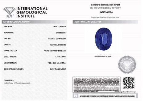 1.11ct Oval Blue Sapphire IGI Certified Sri Lanka
