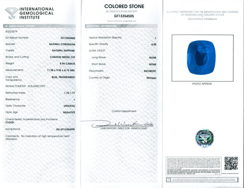 8.96 ct Blue Sapphire Cushion IGI Certified Ethiopian, Unheated