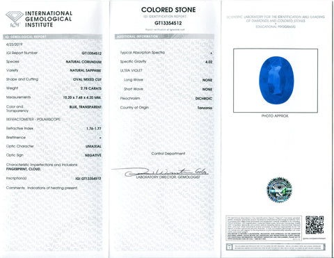 2.78ct Blue Sapphire Oval IGI Certified Tanzanian