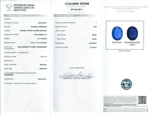 2.17ct Color Change Sapphire Oval IGI Certified Sri Lankan