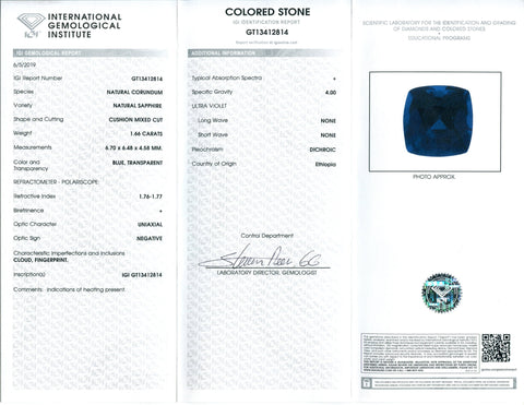 1.66ct Teal Blue Sapphire Cushion IGI Certified Ethiopian